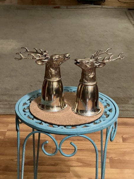 Deer Stag Stirrup Cups (2) Silver plated & Brass